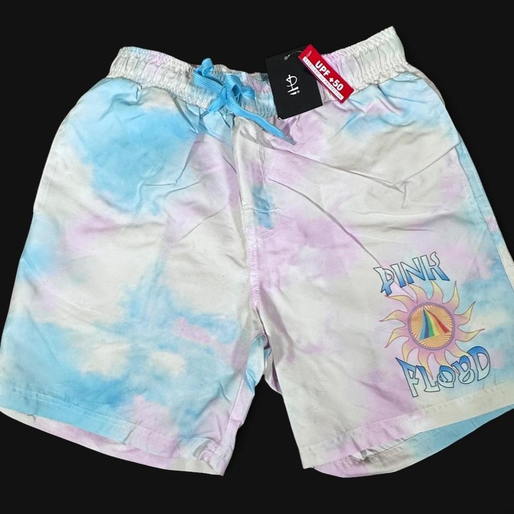 Pink Floyd Tie Dye Swim Trunks Mens Medium Pastel Sun Prism Graphic Board Shorts